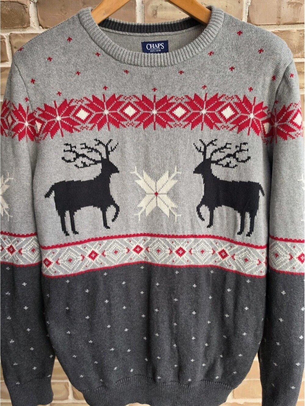 Chaps Mens M Christmas Sweater Reindeer Snowflake Fair Isle Nordic Gray Cotton